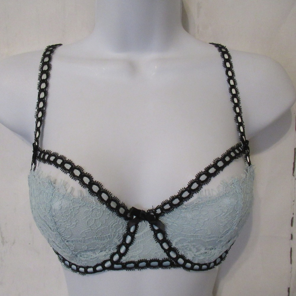 Victorias Secret Bra 32C Push Up Without Padding Blue Lace Underwire Dream Angel